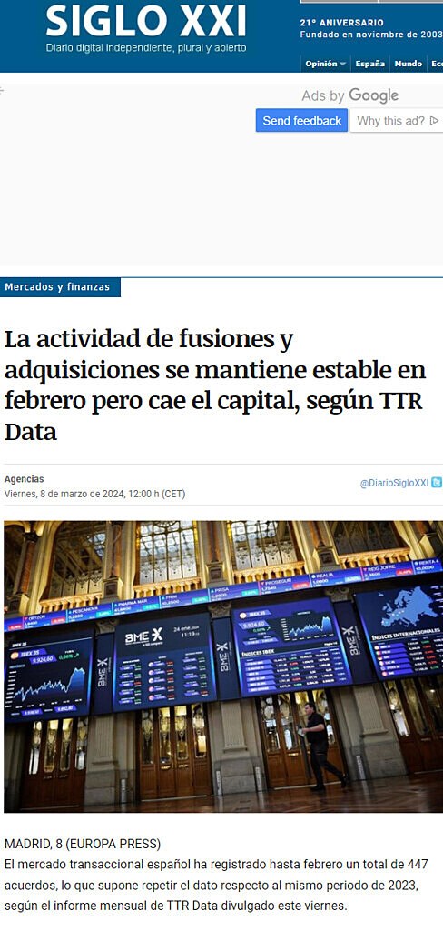 La actividad de fusiones y adquisiciones se mantiene estable en febrero pero cae el capital, segn TTR Data